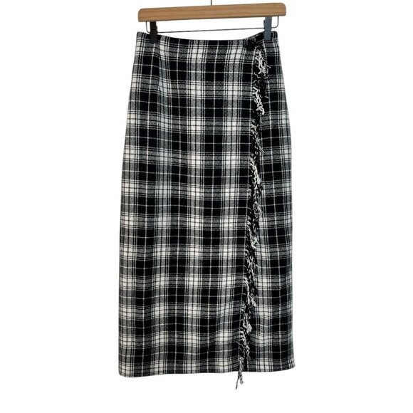 Vintage Cambridge Country Wool Plaid Wrap Skirt FringeTrim Maxi Black White 6P - Picture 1 of 7